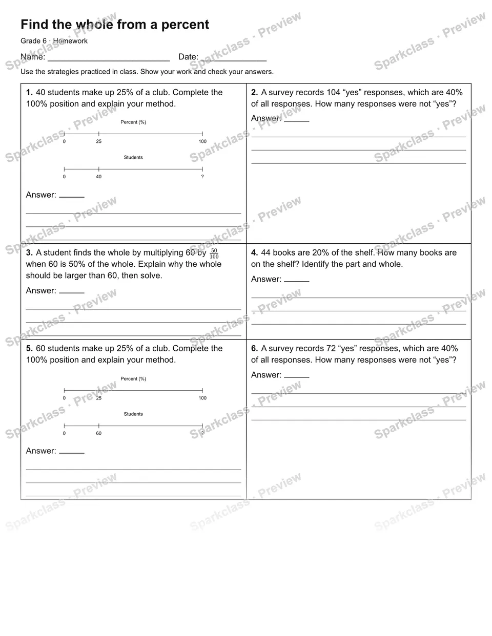 Find the whole from a percent — Homework — Grade 6 worksheet preview