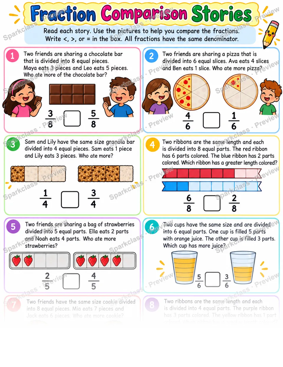 Compare Same Denominator Word Problems — Grade 3 worksheet preview