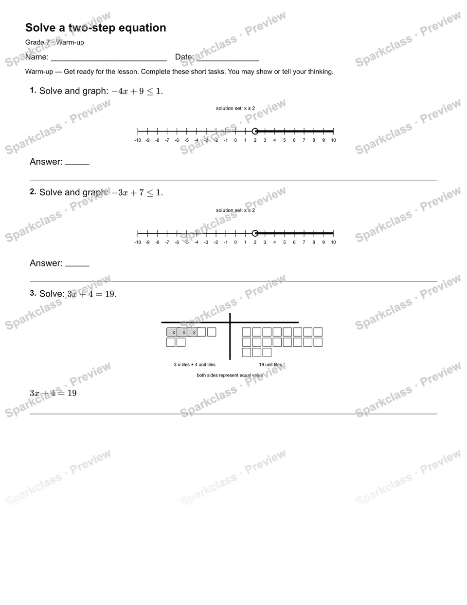 Solve a two-step equation — Warm-up — Grade 7 worksheet preview