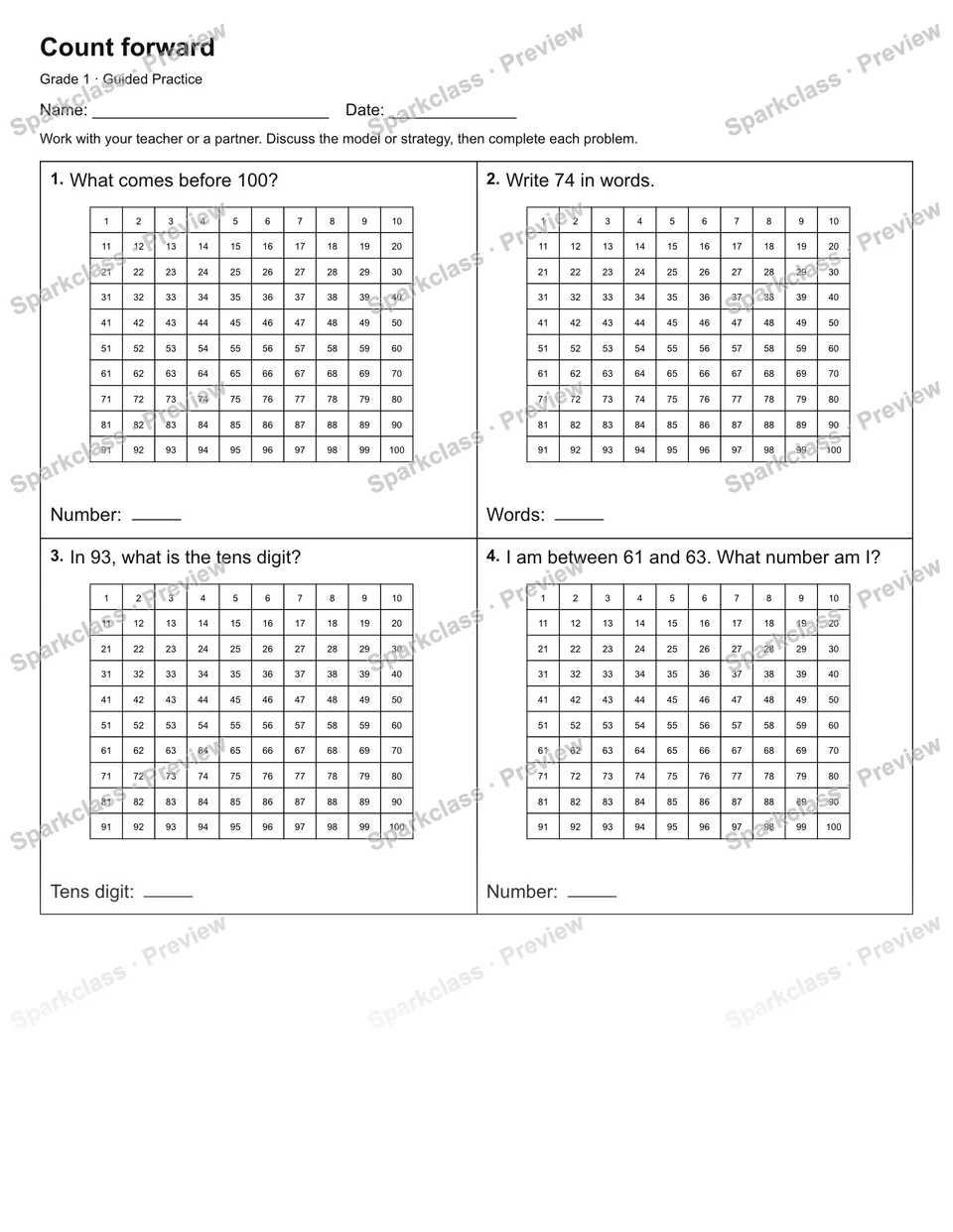 Count forward — Guided Practice — Grade 1 worksheet preview
