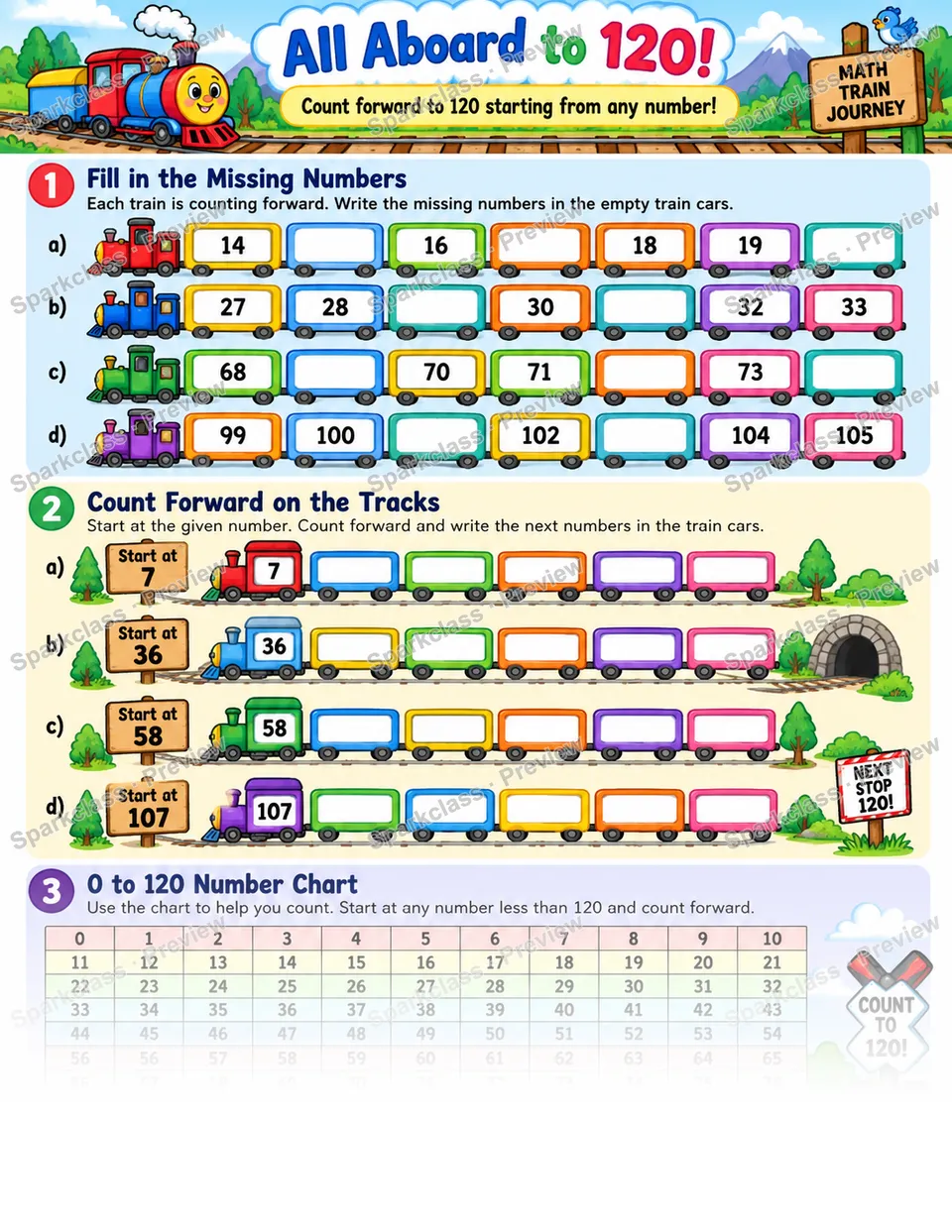 Count Forward Train 120 Extra — Grade 1 worksheet preview