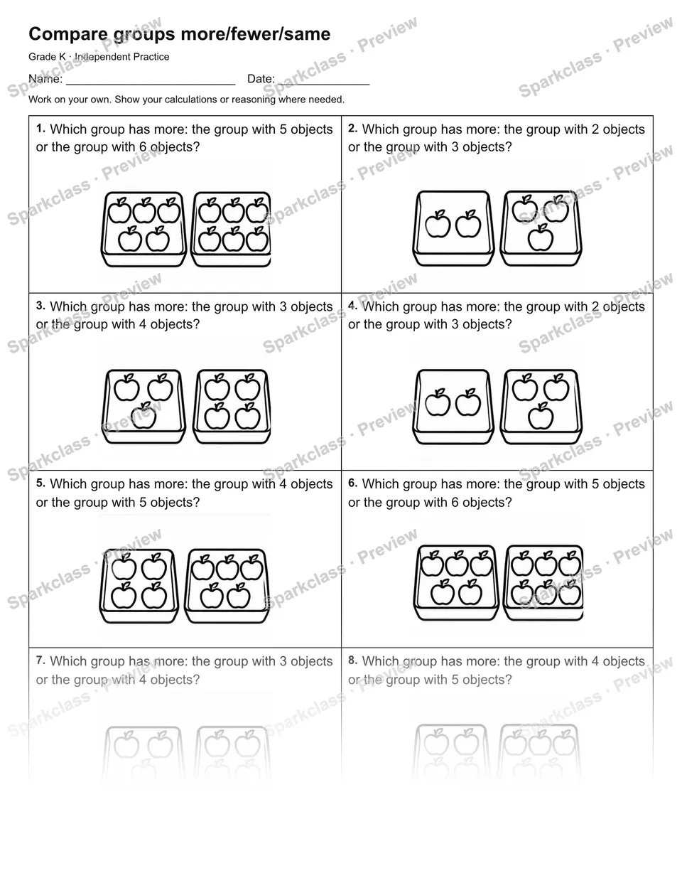 Compare groups more/fewer/same — Independent Practice — Kindergarten worksheet preview