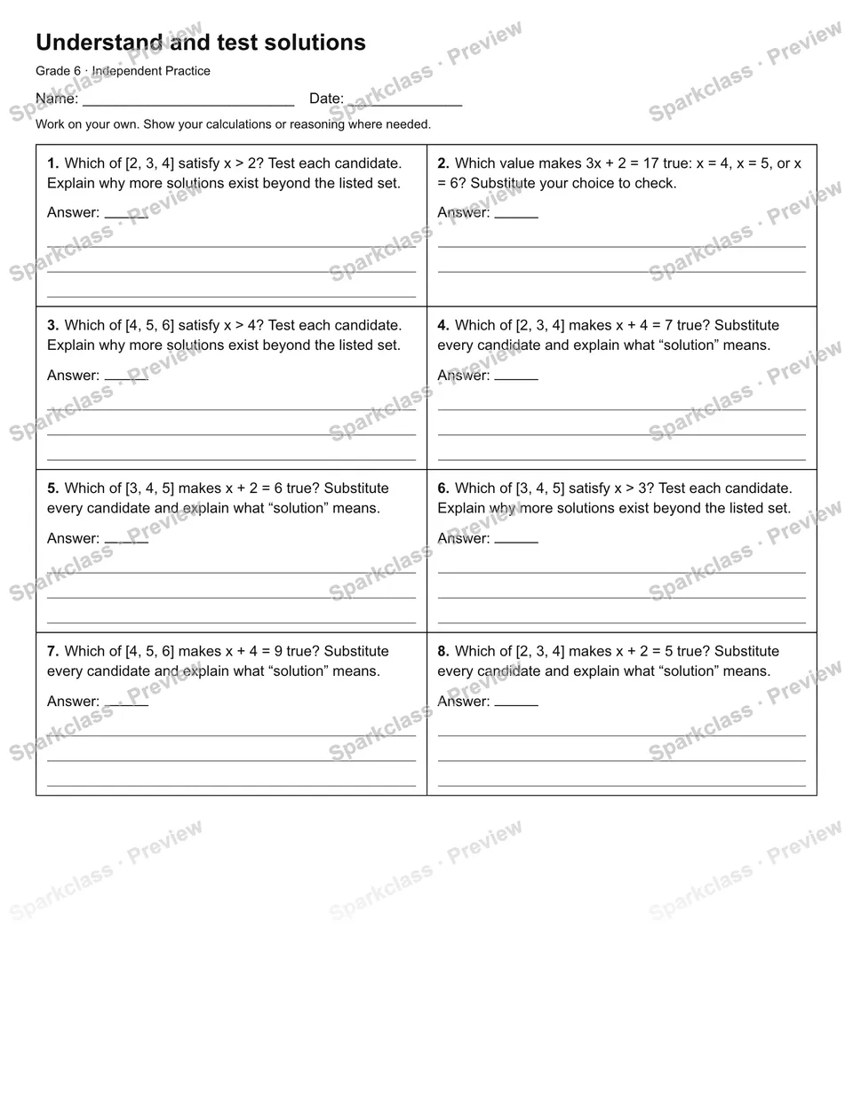 Understand and test solutions — Independent Practice — Grade 6 worksheet preview