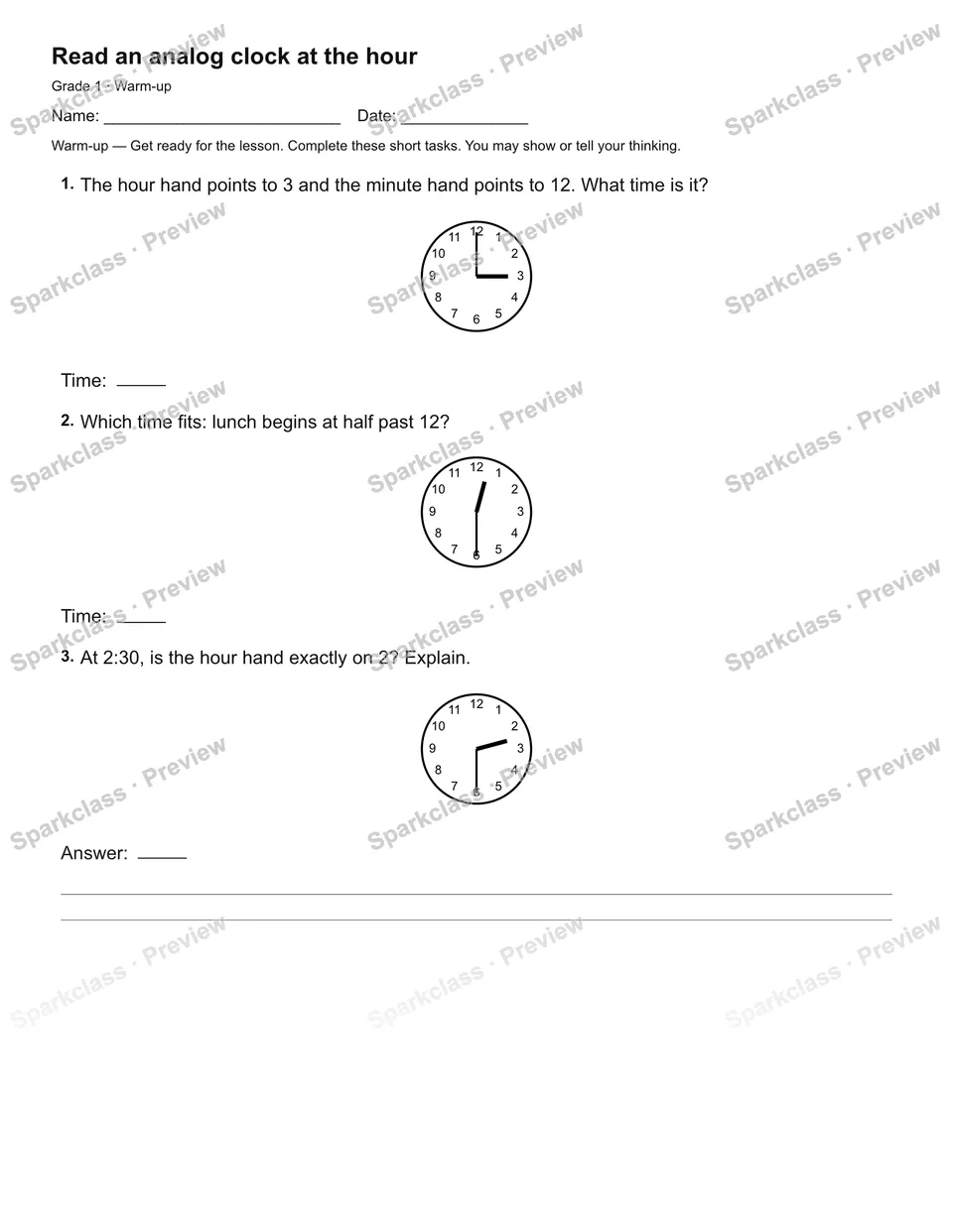 Read an analog clock at the hour — Warm-up — page 2