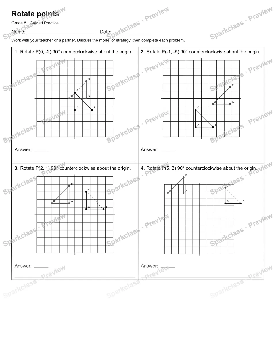 Rotate points — Guided Practice — Grade 8 worksheet preview