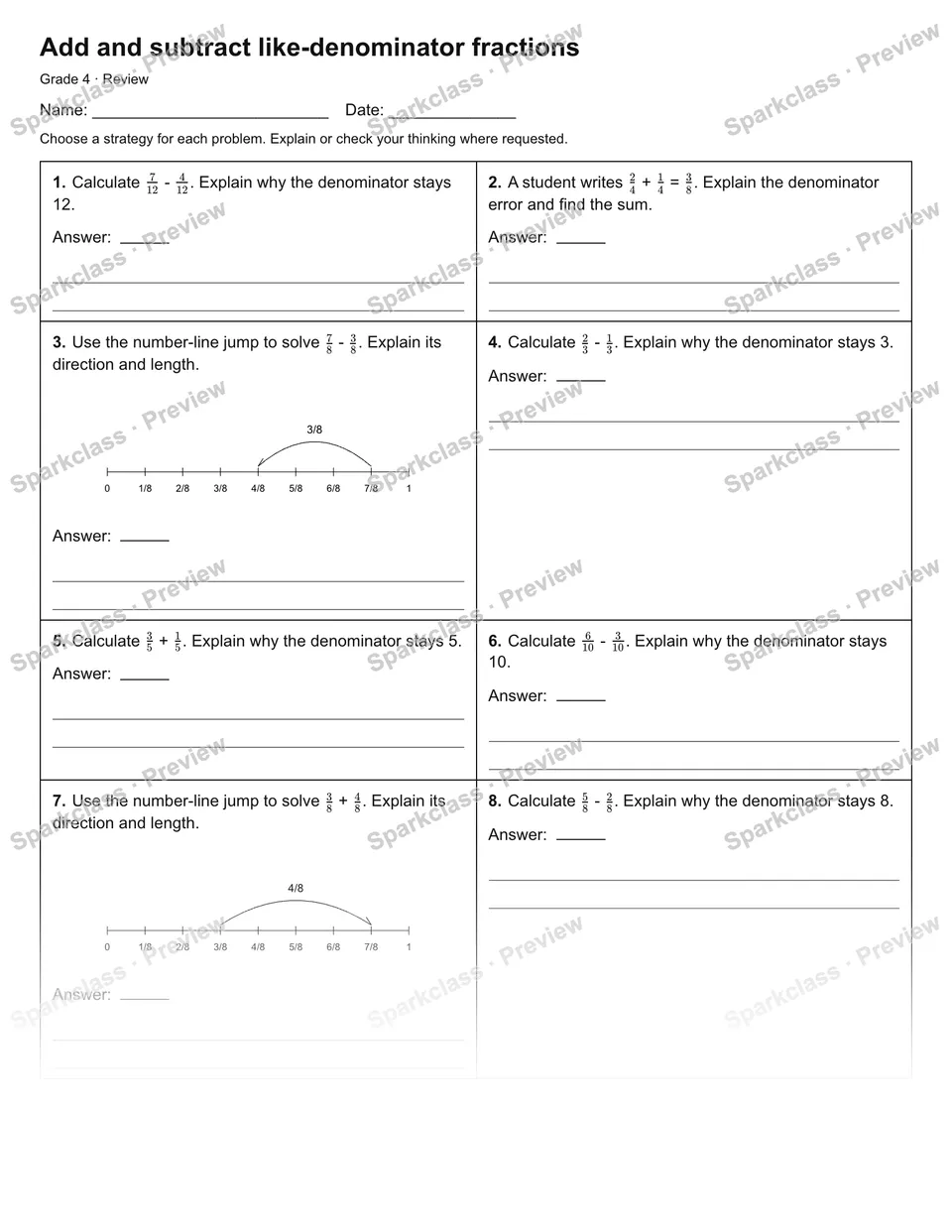 Add and subtract like-denominator fractions — Review — Grade 4 worksheet preview