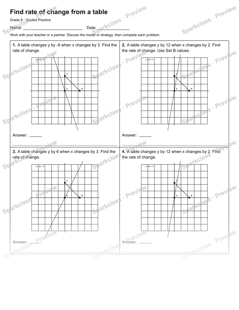 Find rate of change from a table — Guided Practice — Grade 8 worksheet preview