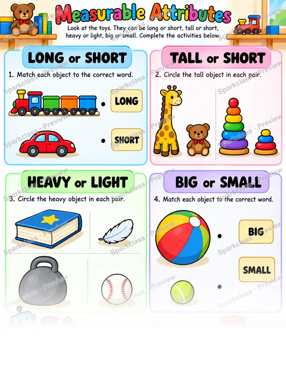 Measurable Attributes · Toy Room — Kindergarten worksheet preview