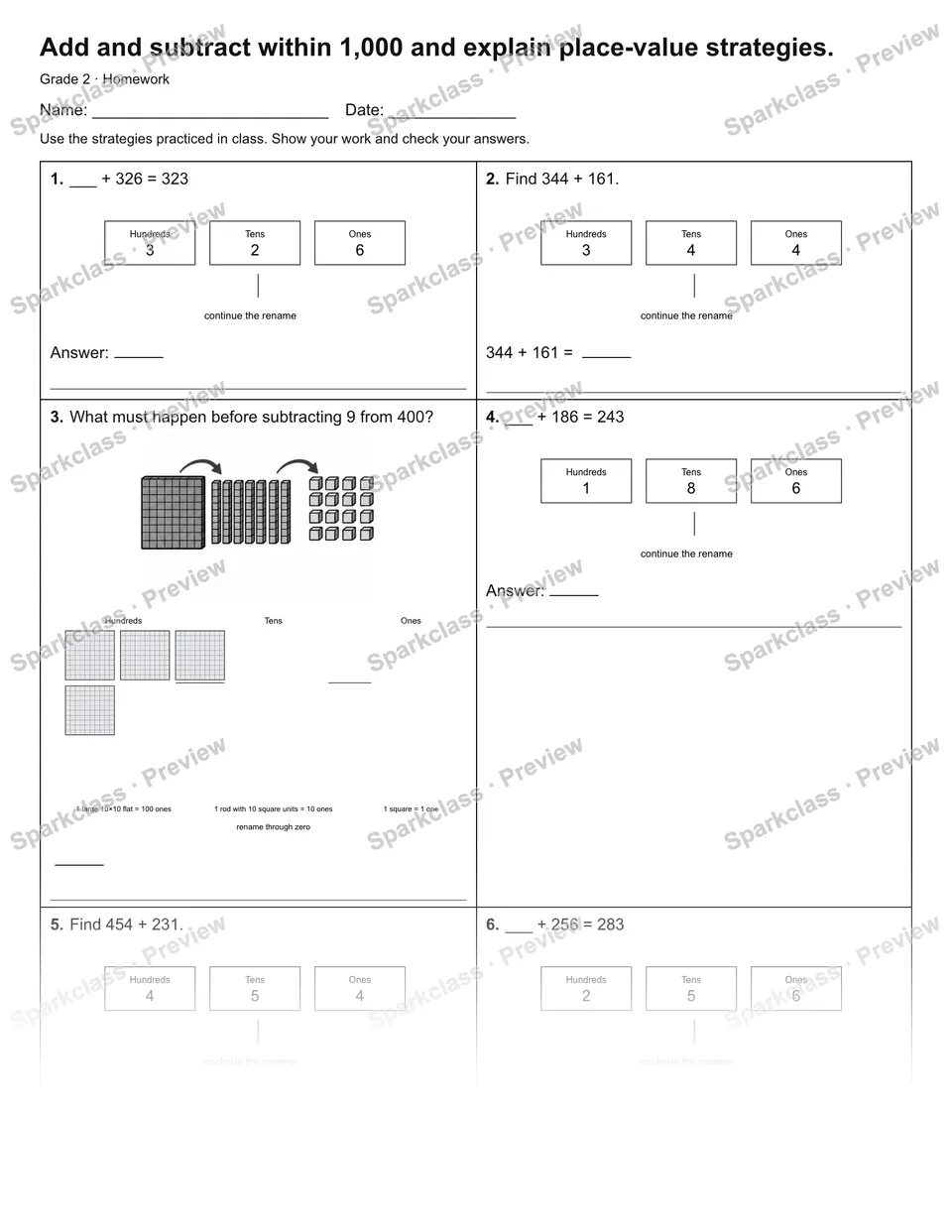 Add and subtract within 1,000 and explain place-value strategies. — Homework — Grade 2 worksheet preview