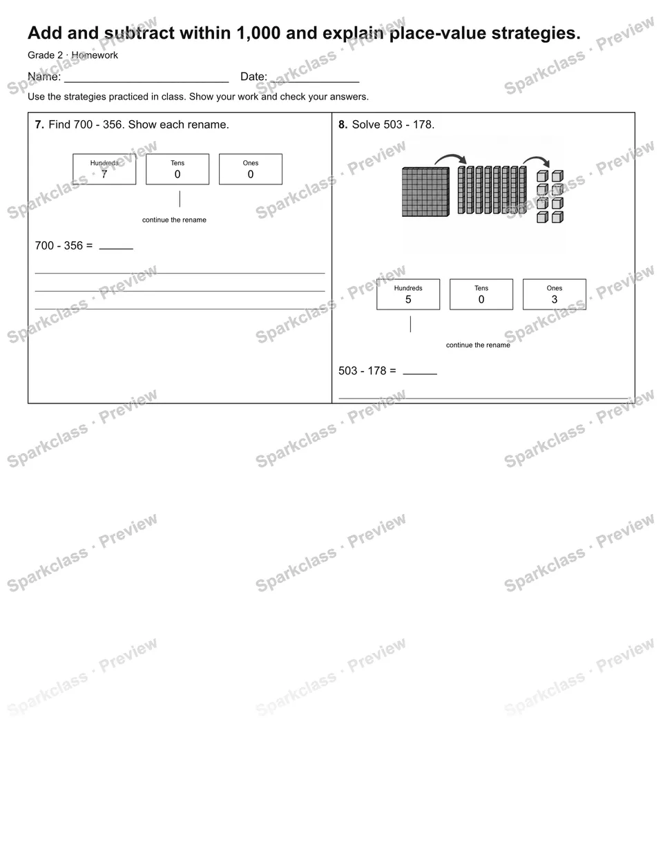 Add and subtract within 1,000 and explain place-value strategies. — Homework — page 2