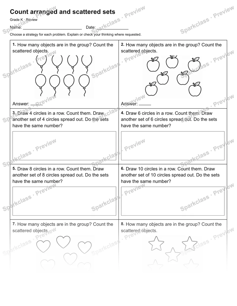 Count arranged and scattered sets — Review — Kindergarten worksheet preview