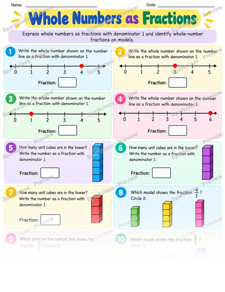 Whole Numbers As Fractions — Grade 3 worksheet preview
