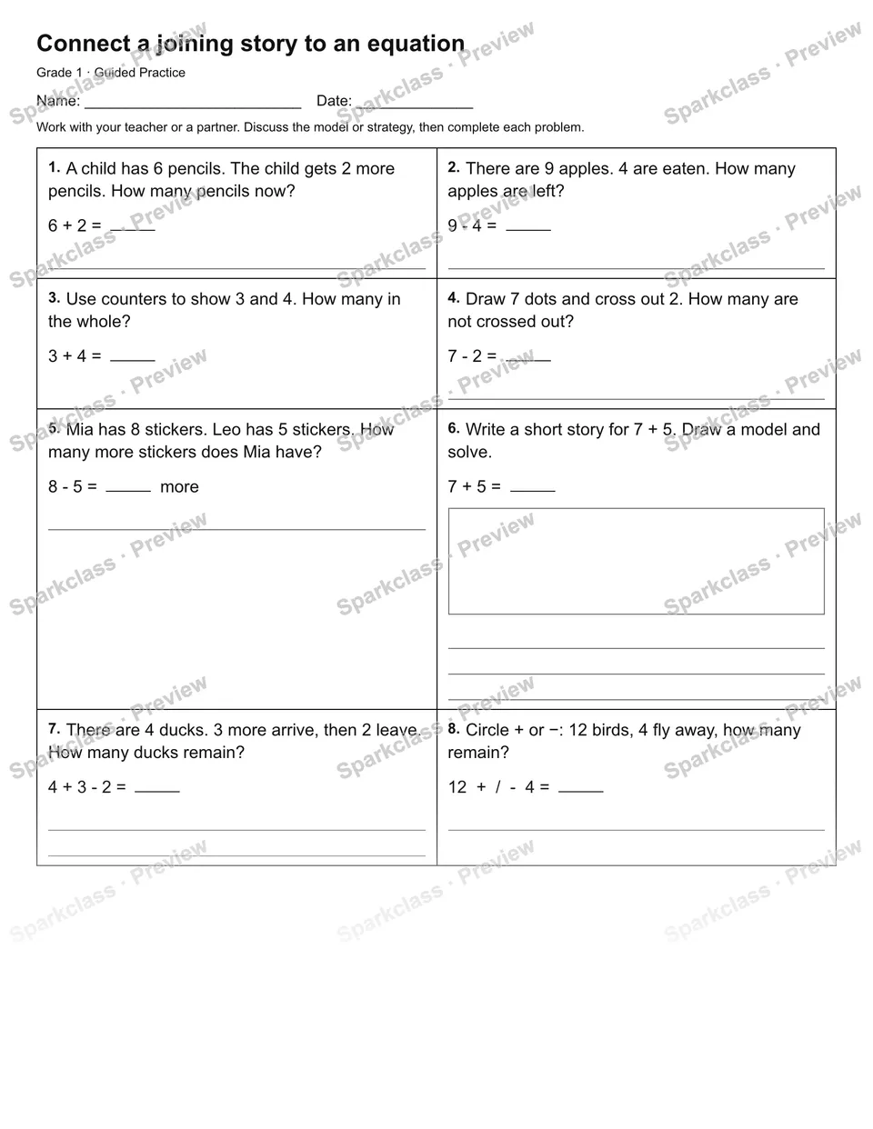 Connect a joining story to an equation — Guided Practice — Grade 1 worksheet preview