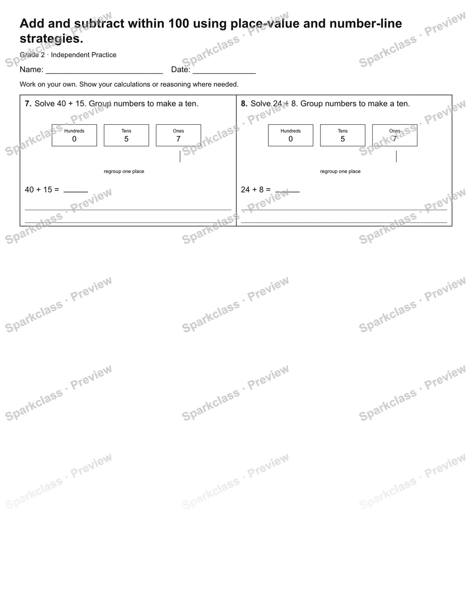 Add and subtract within 100 using place-value and number-line strategies. — Independent Practice — page 2