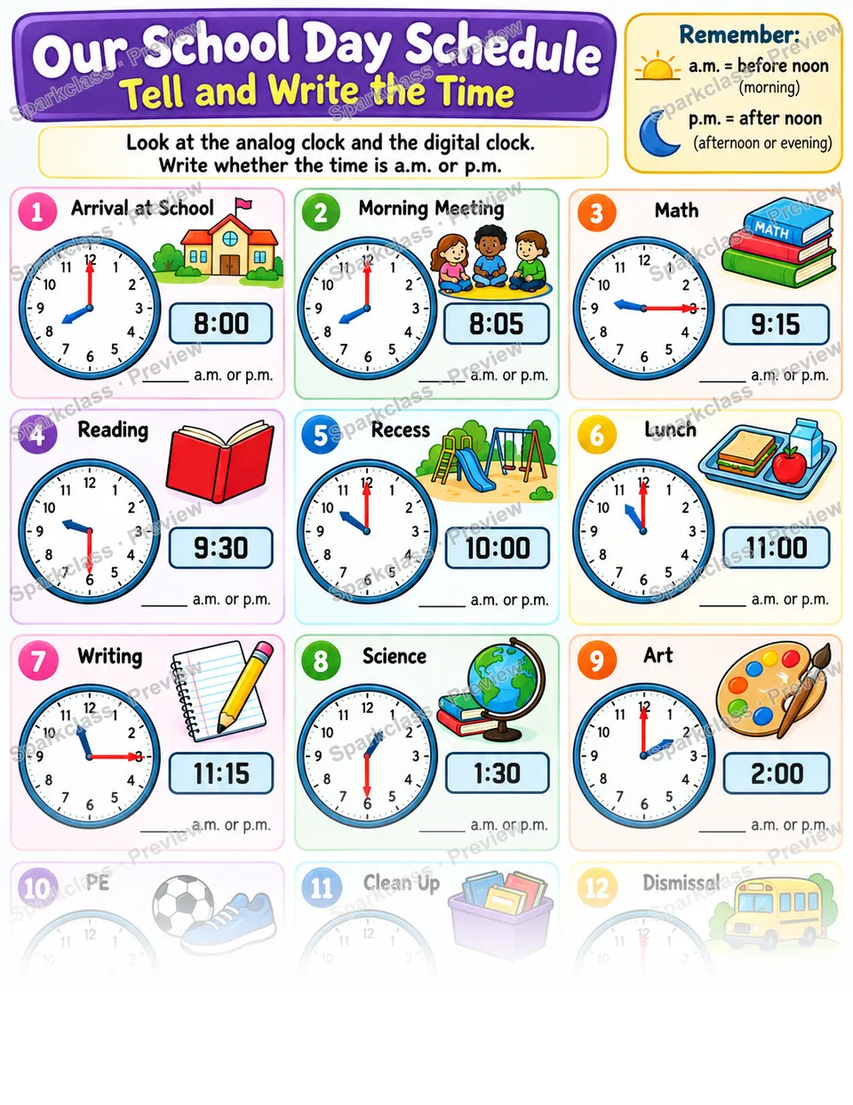 School Day Schedule · Tell Time to Five Minutes — Grade 2 worksheet preview