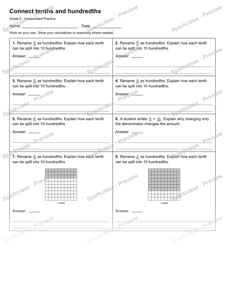 Connect tenths and hundredths — Independent Practice — Grade 4 worksheet preview