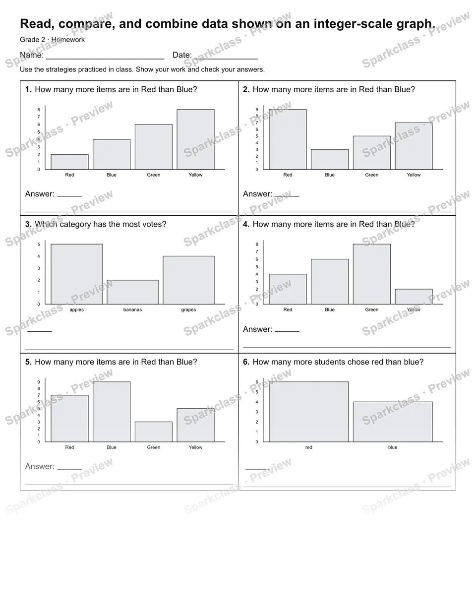 Read, compare, and combine data shown on an integer-scale graph. — Homework — Grade 2 worksheet preview