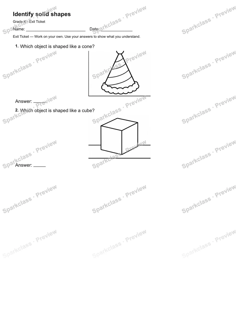Identify solid shapes — Exit Ticket — Kindergarten worksheet preview