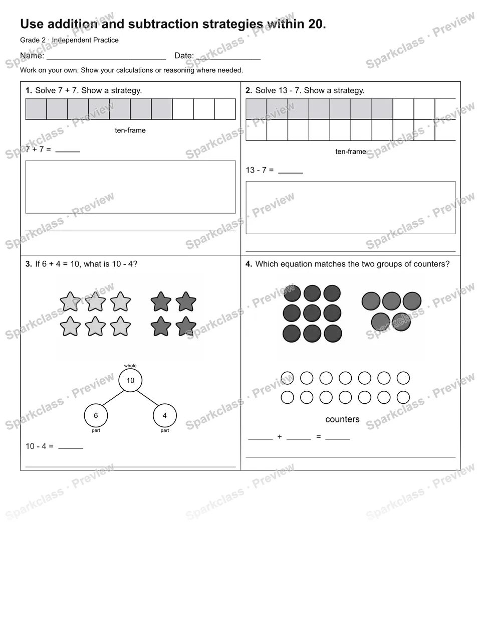 Use addition and subtraction strategies within 20. — Independent Practice — Grade 2 worksheet preview