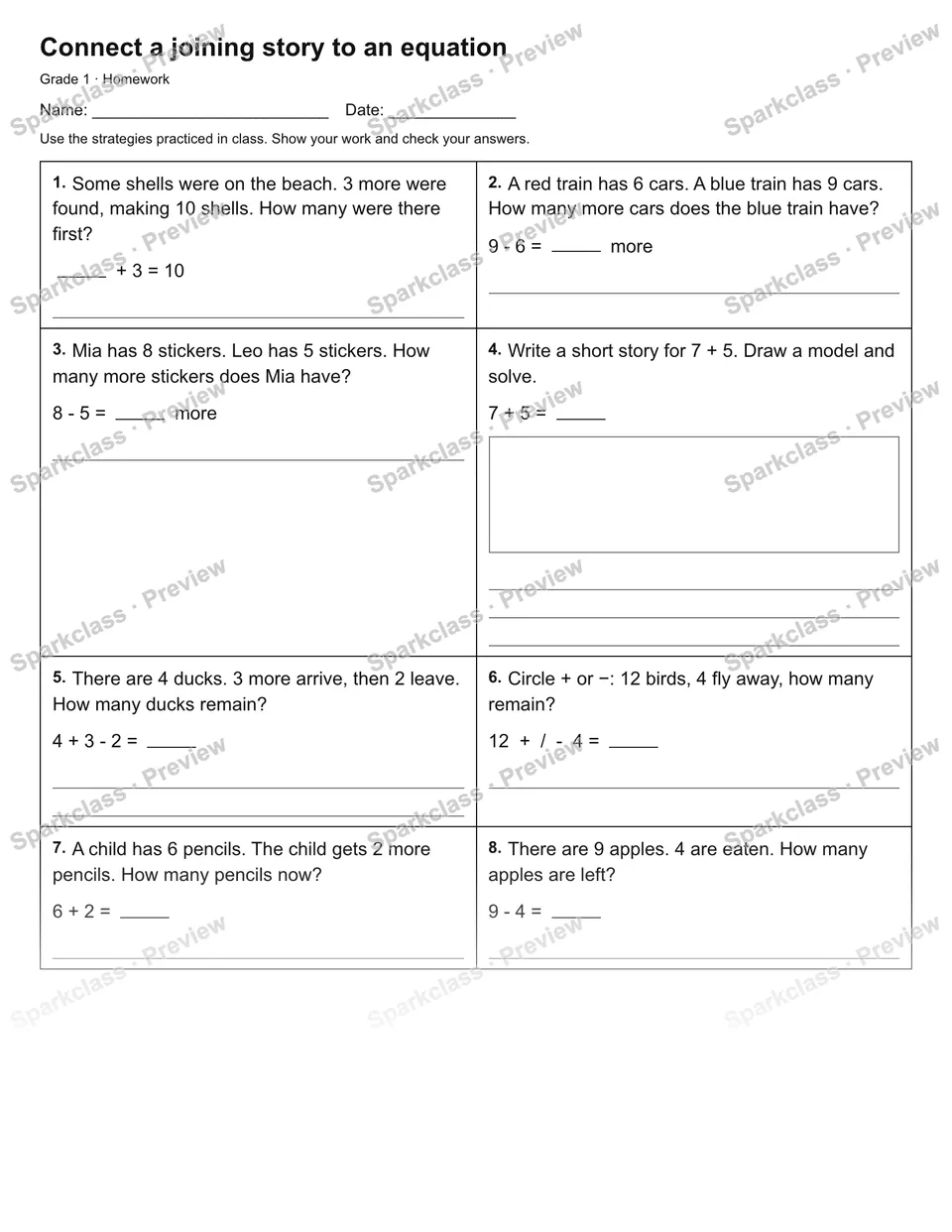 Connect a joining story to an equation — Homework — Grade 1 worksheet preview