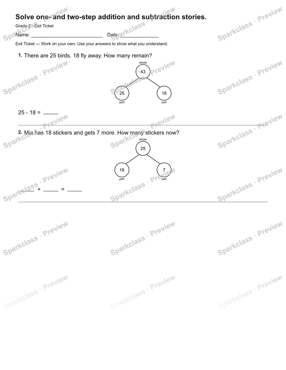 Solve one- and two-step addition and subtraction stories. — Exit Ticket — page 2