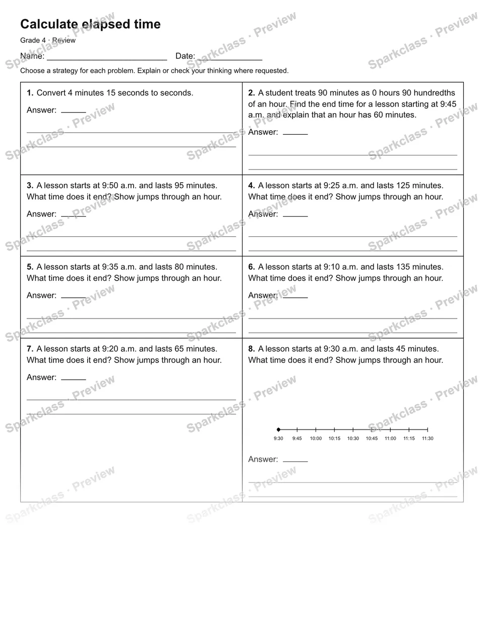 Calculate elapsed time — Review — Grade 4 worksheet preview