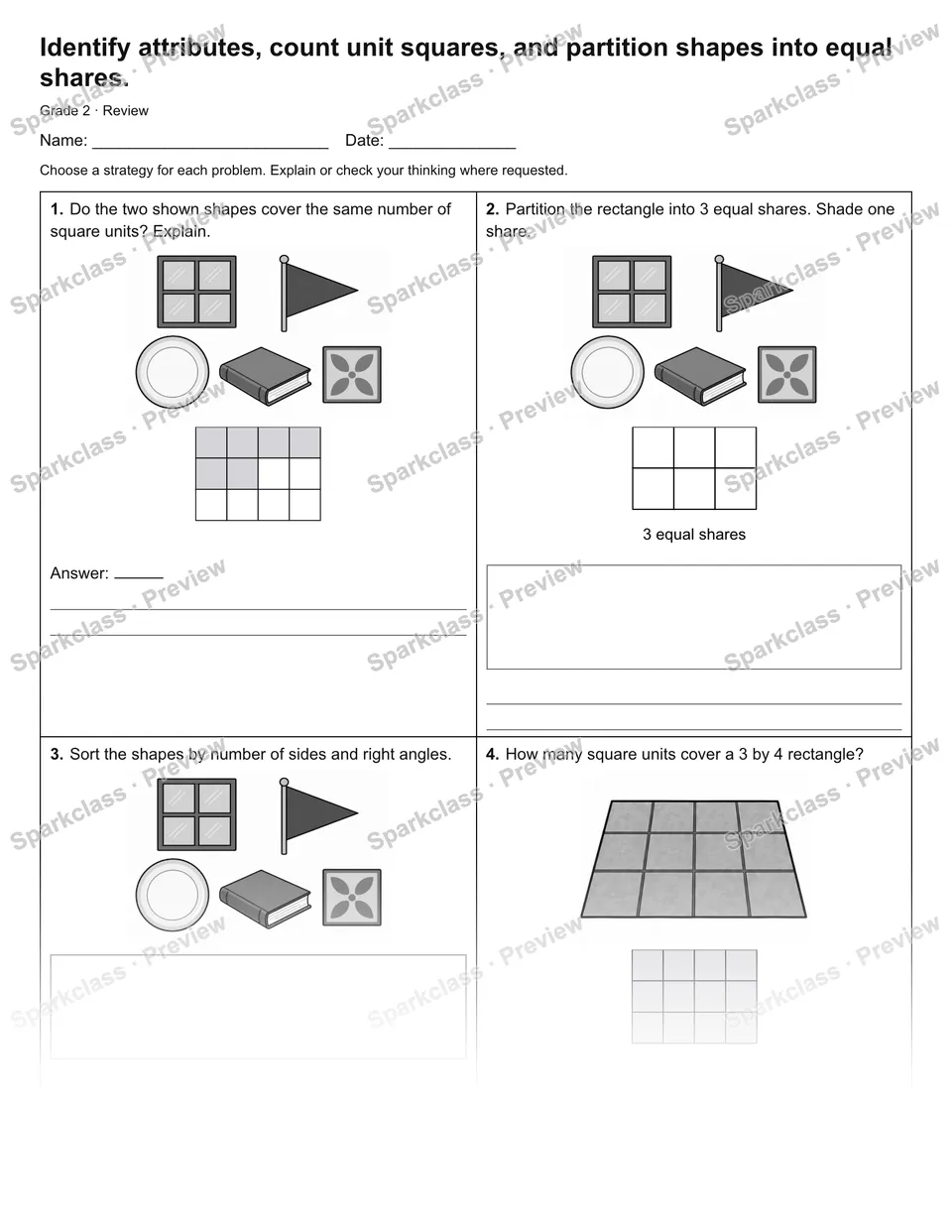 Identify attributes, count unit squares, and partition shapes into equal shares. — Review — Grade 2 worksheet preview