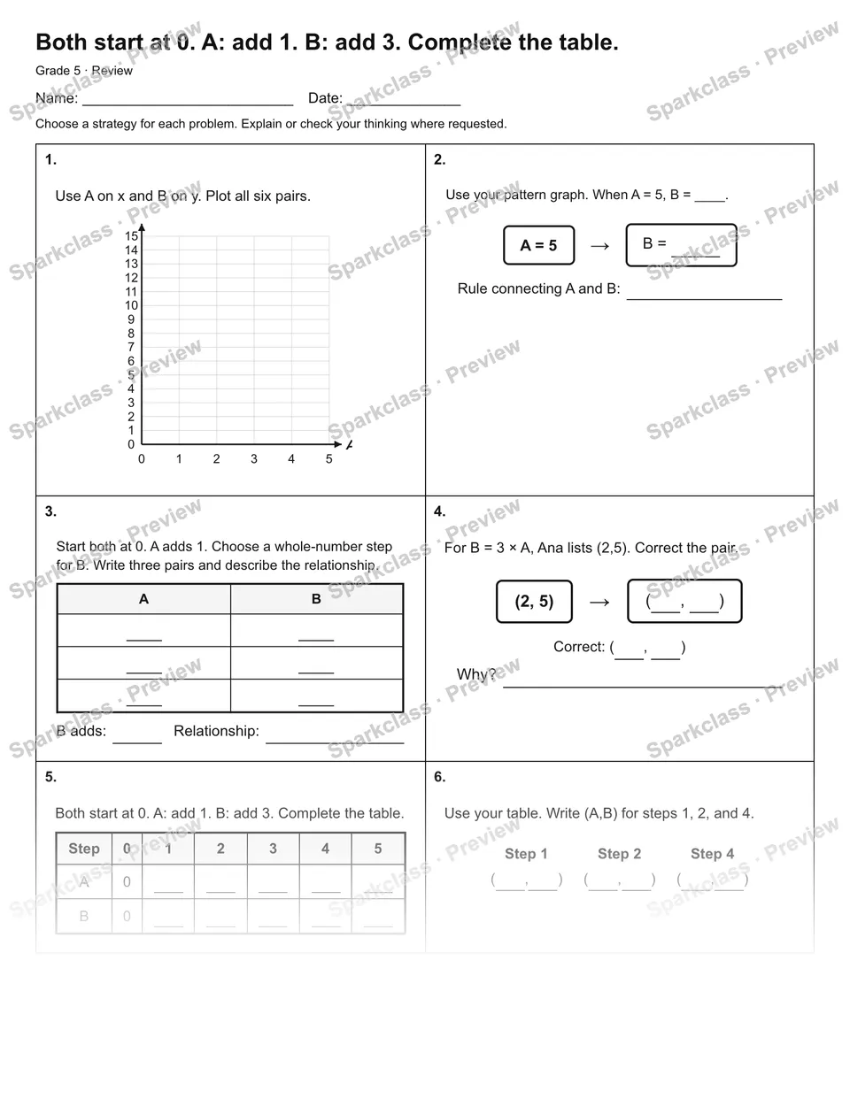 Both start at 0. A: add 1. B: add 3. Complete the table. — Review — Grade 5 worksheet preview