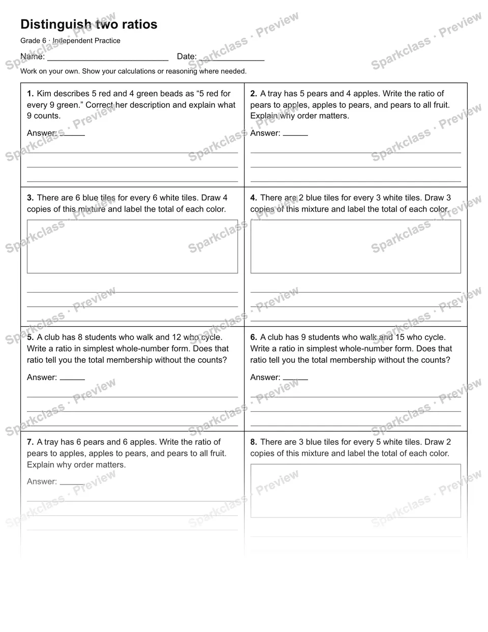 Distinguish two ratios — Independent Practice — Grade 6 worksheet preview