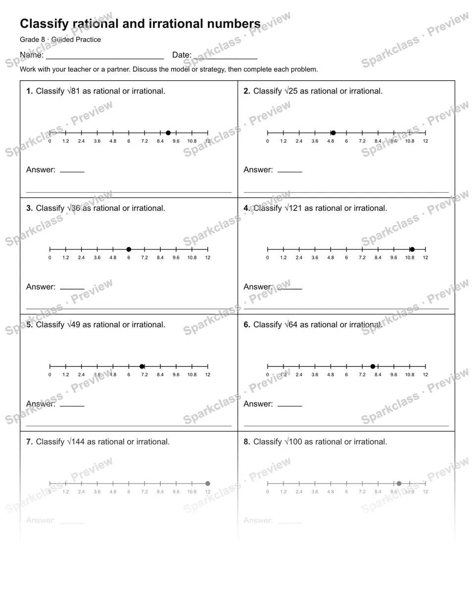 Classify rational and irrational numbers — Guided Practice — Grade 8 worksheet preview