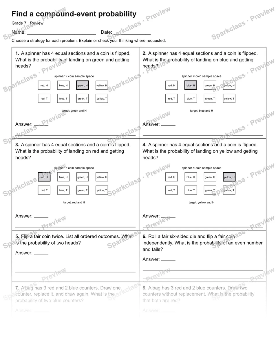 Find a compound-event probability — Review — Grade 7 worksheet preview