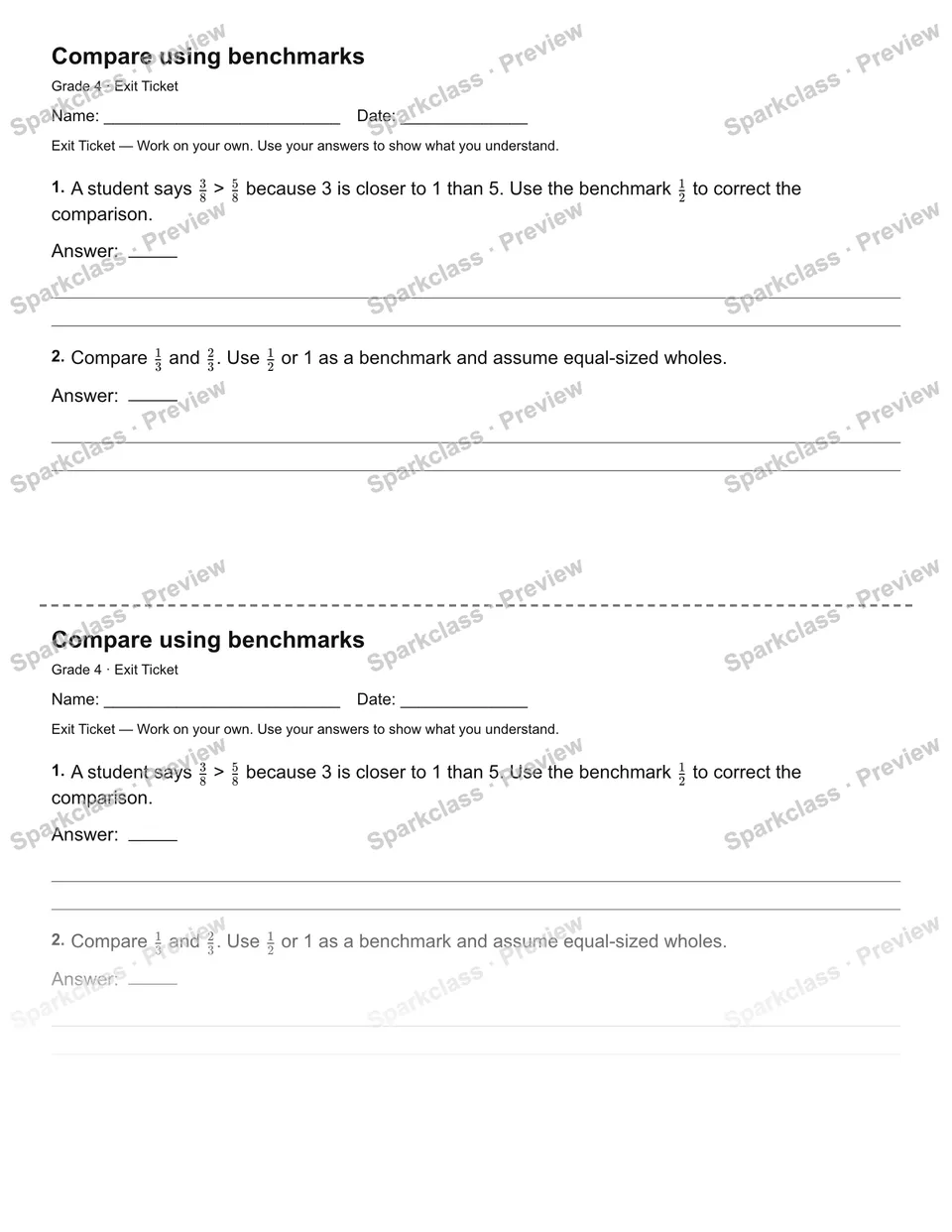 Compare using benchmarks — Exit Ticket — Grade 4 worksheet preview