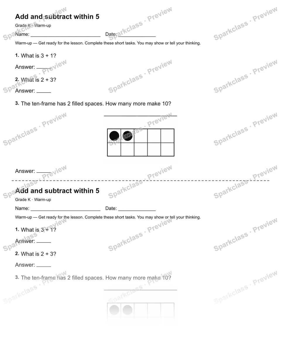 Add and subtract within 5 — Warm-up — Kindergarten worksheet preview