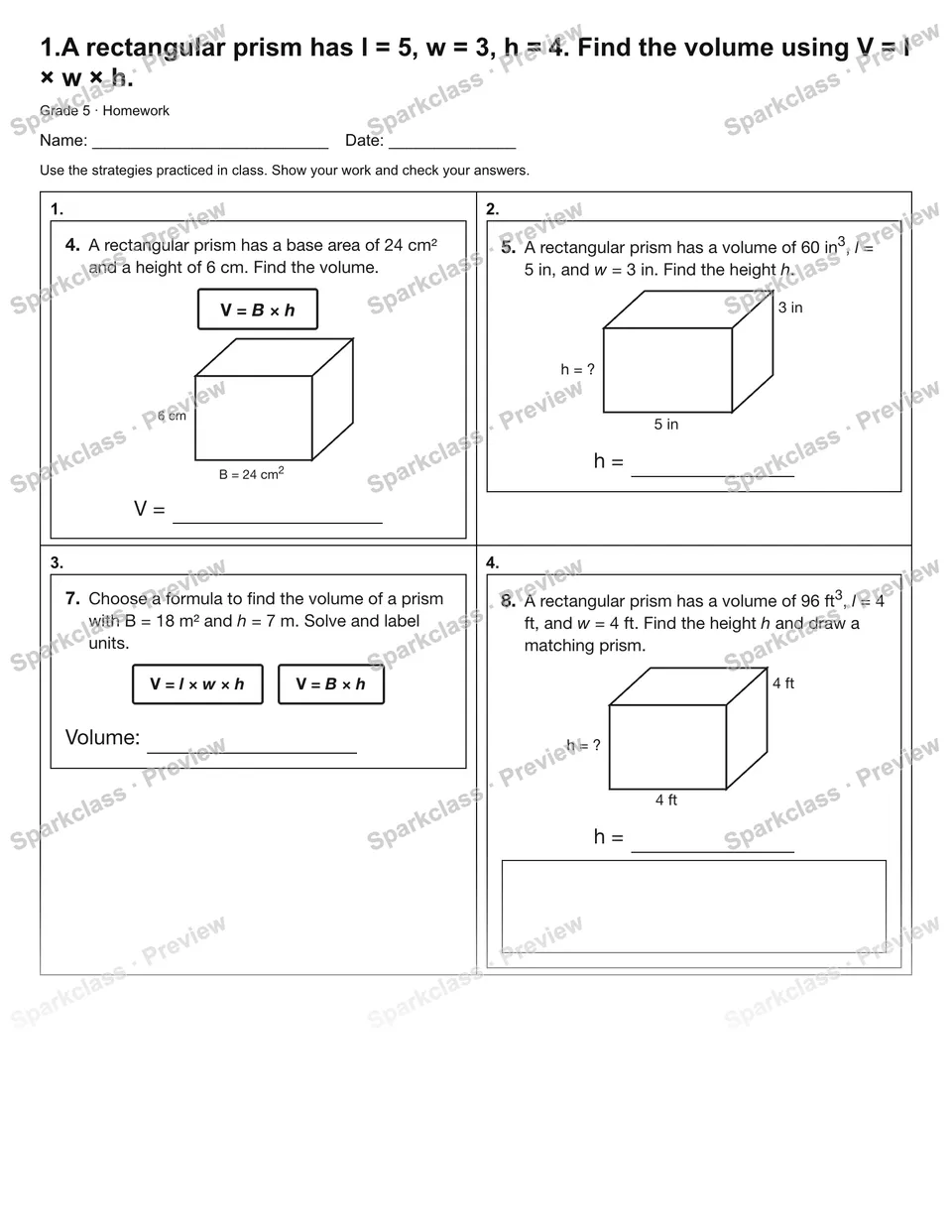 1.A rectangular prism has l = 5, w = 3, h = 4. Find the volume using V = l × w × h. — Homework — Grade 5 worksheet preview