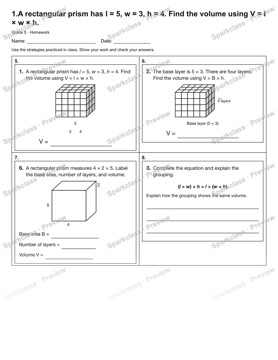 1.A rectangular prism has l = 5, w = 3, h = 4. Find the volume using V = l × w × h. — Homework — page 2