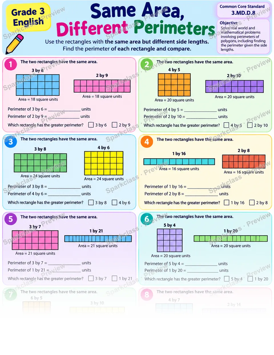 Same Area Different Perimeter 01 — Grade 3 worksheet preview
