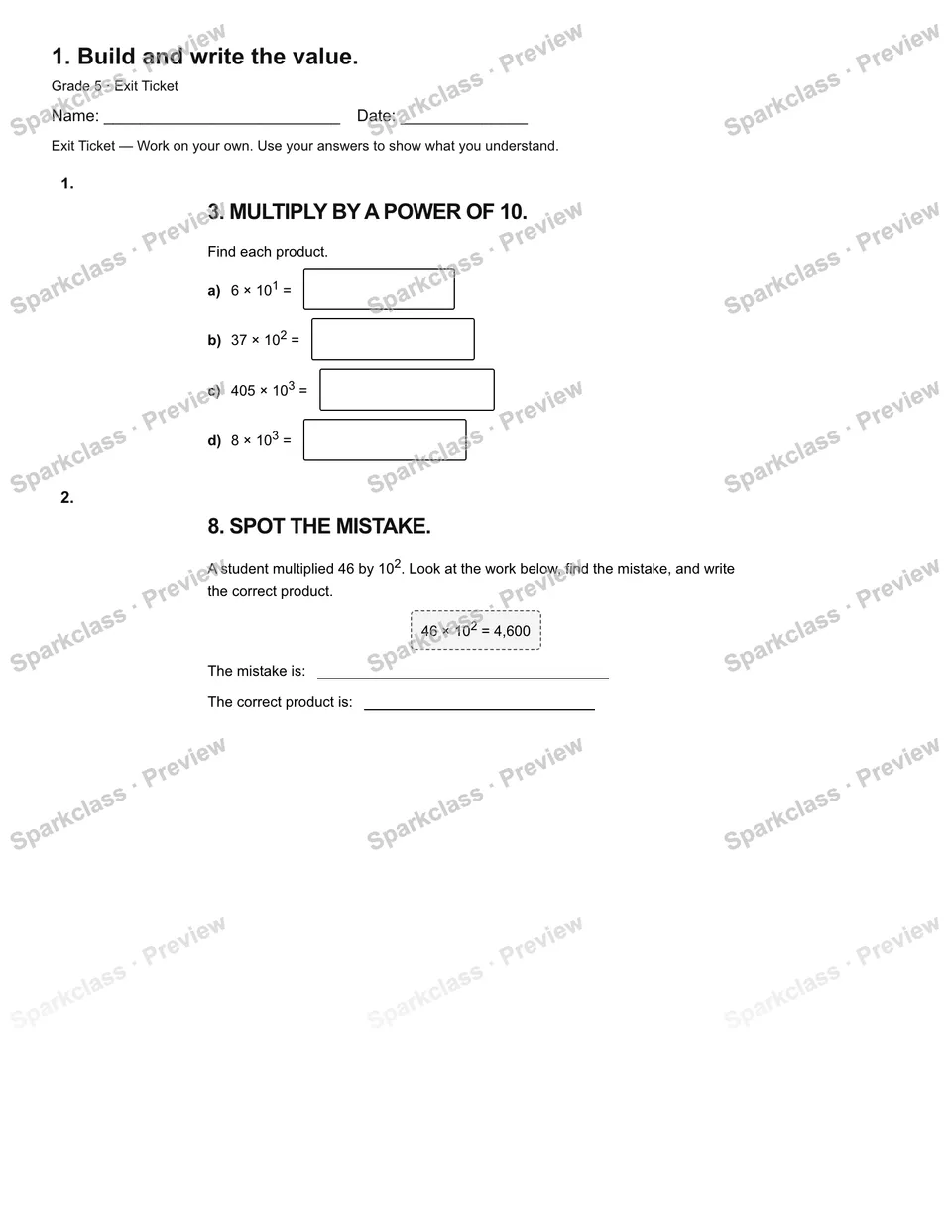 1. Build and write the value. — Exit Ticket — Grade 5 worksheet preview