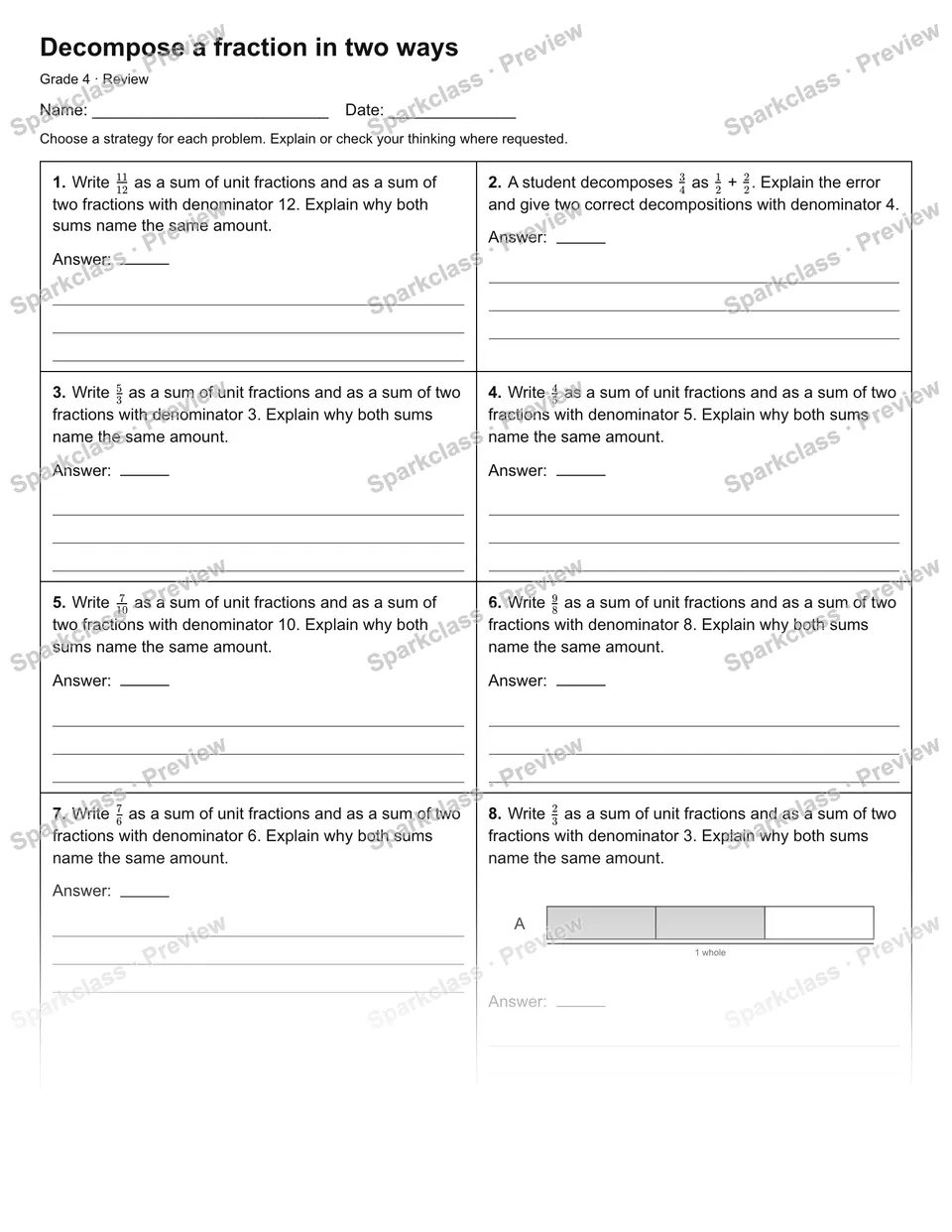 Decompose a fraction in two ways — Review — Grade 4 worksheet preview