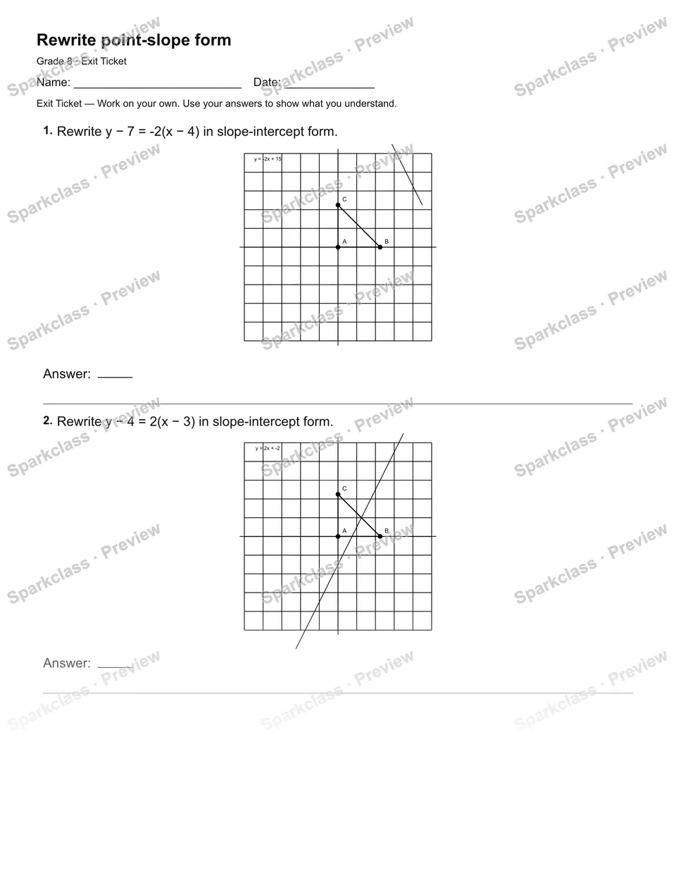 Rewrite point-slope form — Exit Ticket — Grade 8 worksheet preview