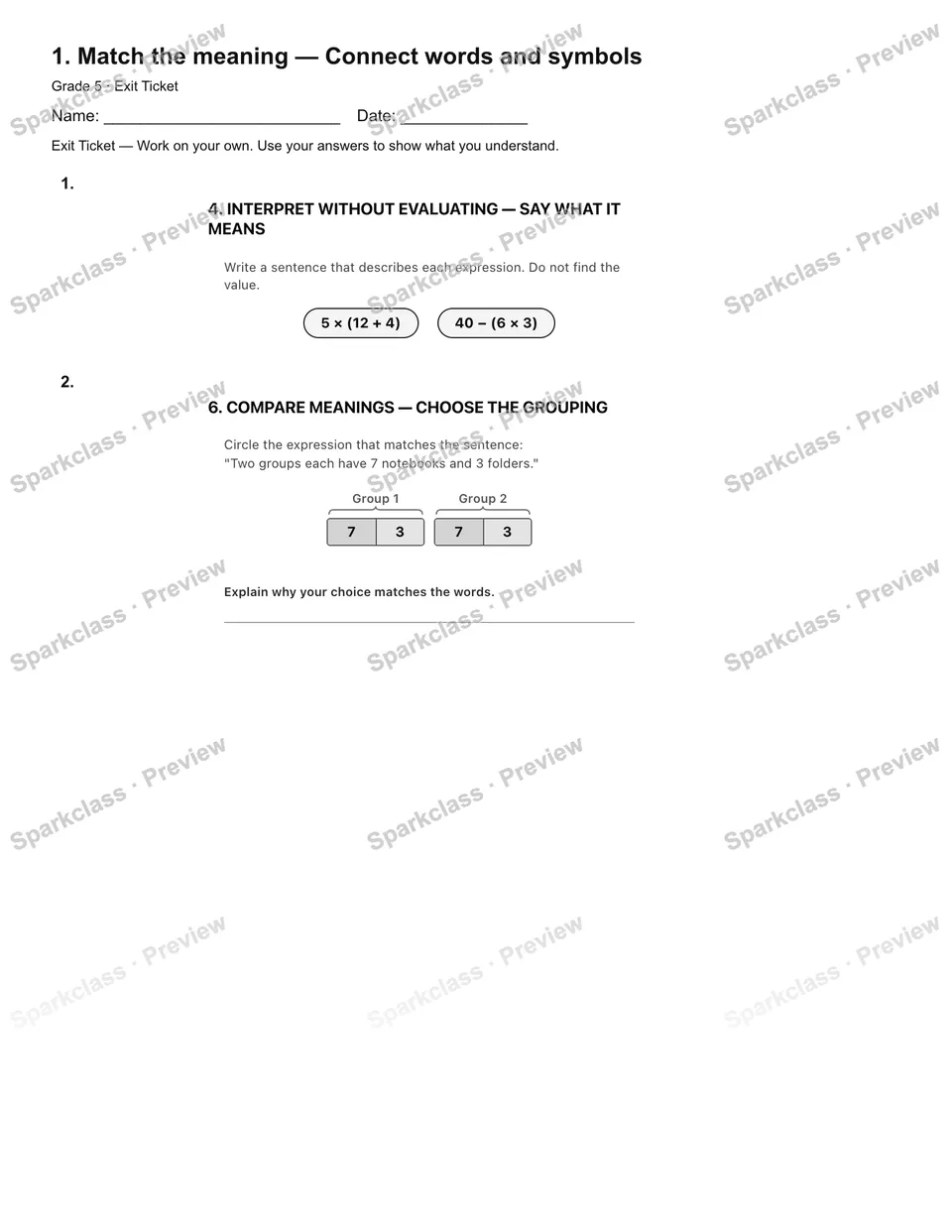 1. Match the meaning — Connect words and symbols — Exit Ticket — Grade 5 worksheet preview