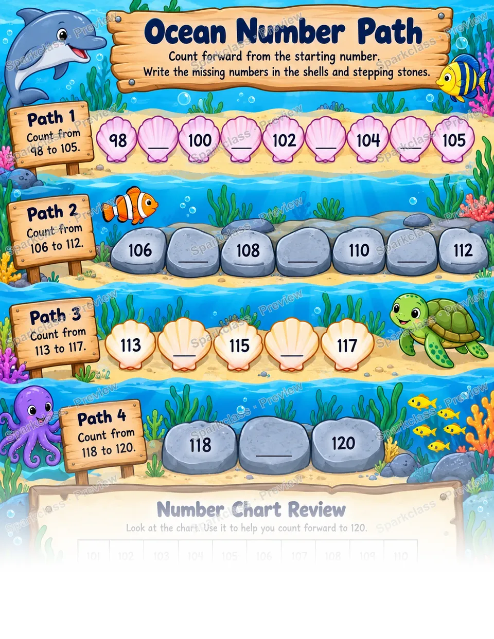 Ocean Number Path — Grade 1 worksheet preview