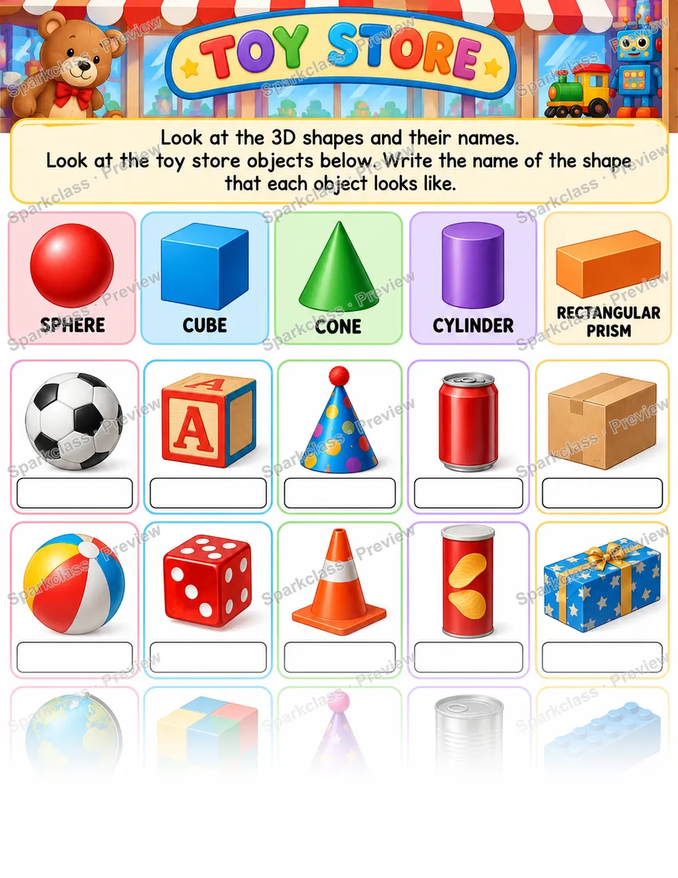 Toy Store · Three-Dimensional Shapes — Kindergarten worksheet preview