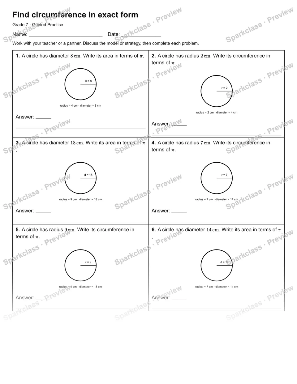 Find circumference in exact form — Guided Practice — Grade 7 worksheet preview