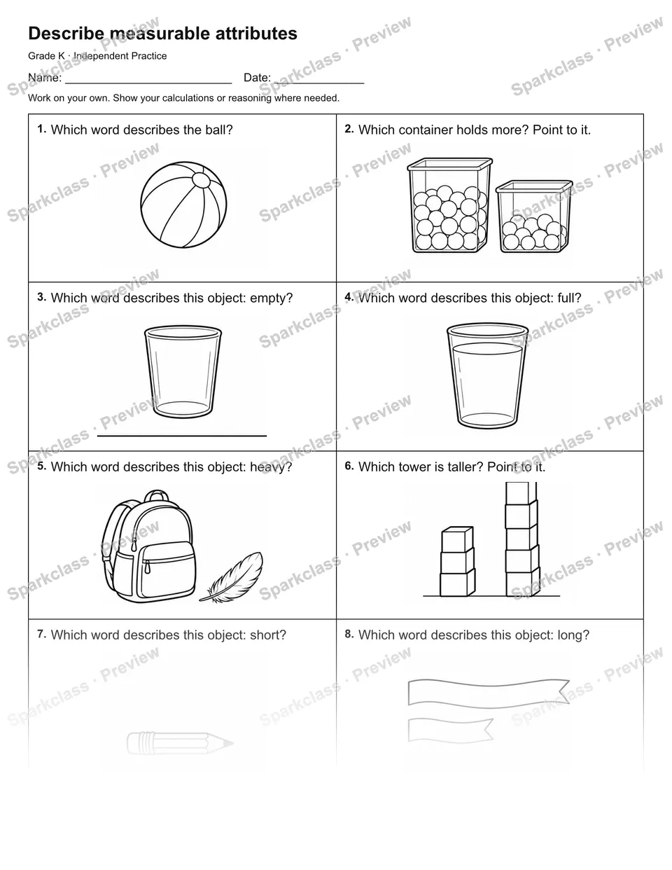 Describe measurable attributes — Independent Practice — Kindergarten worksheet preview