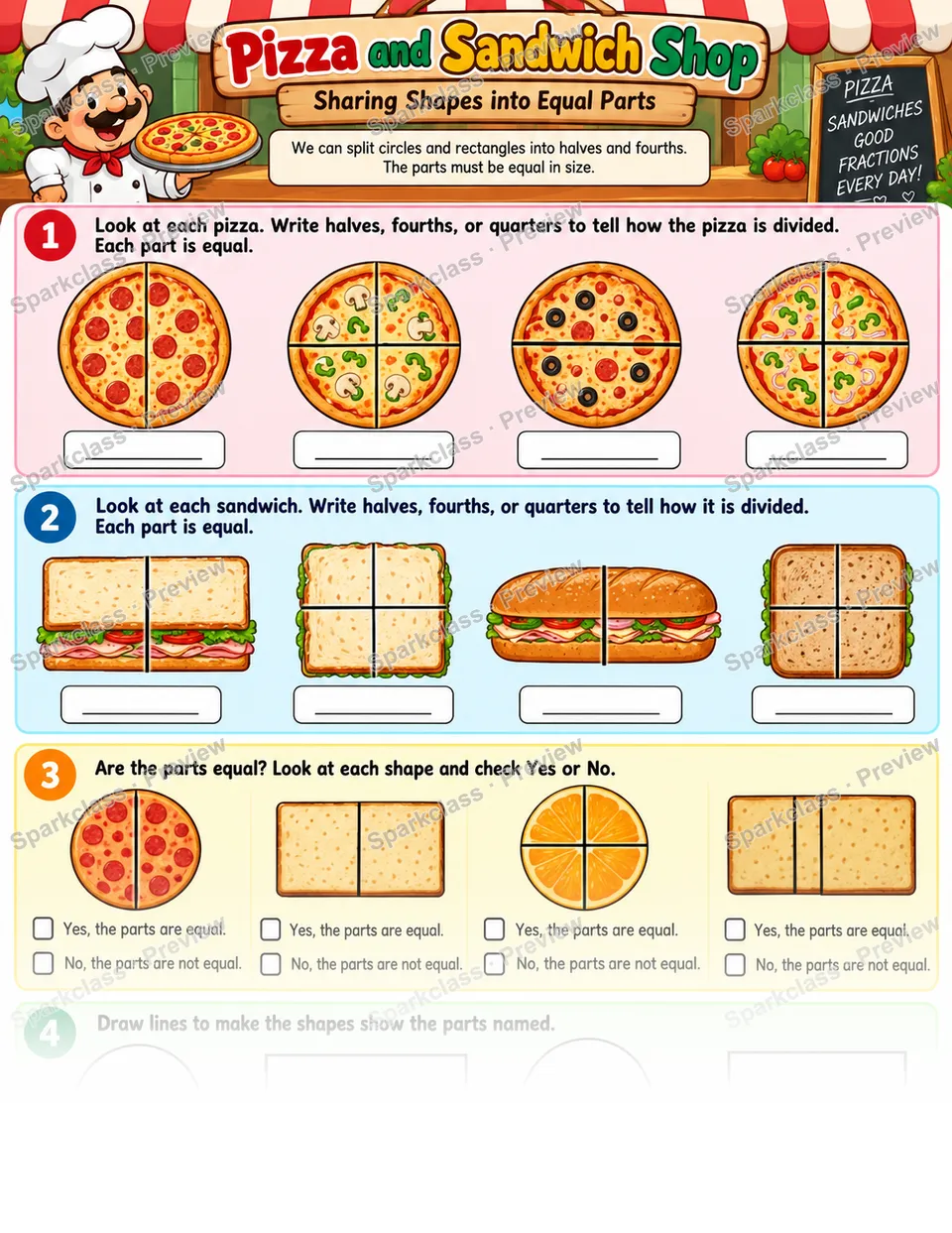 Equal Shares Pizza Shop — Grade 1 worksheet preview