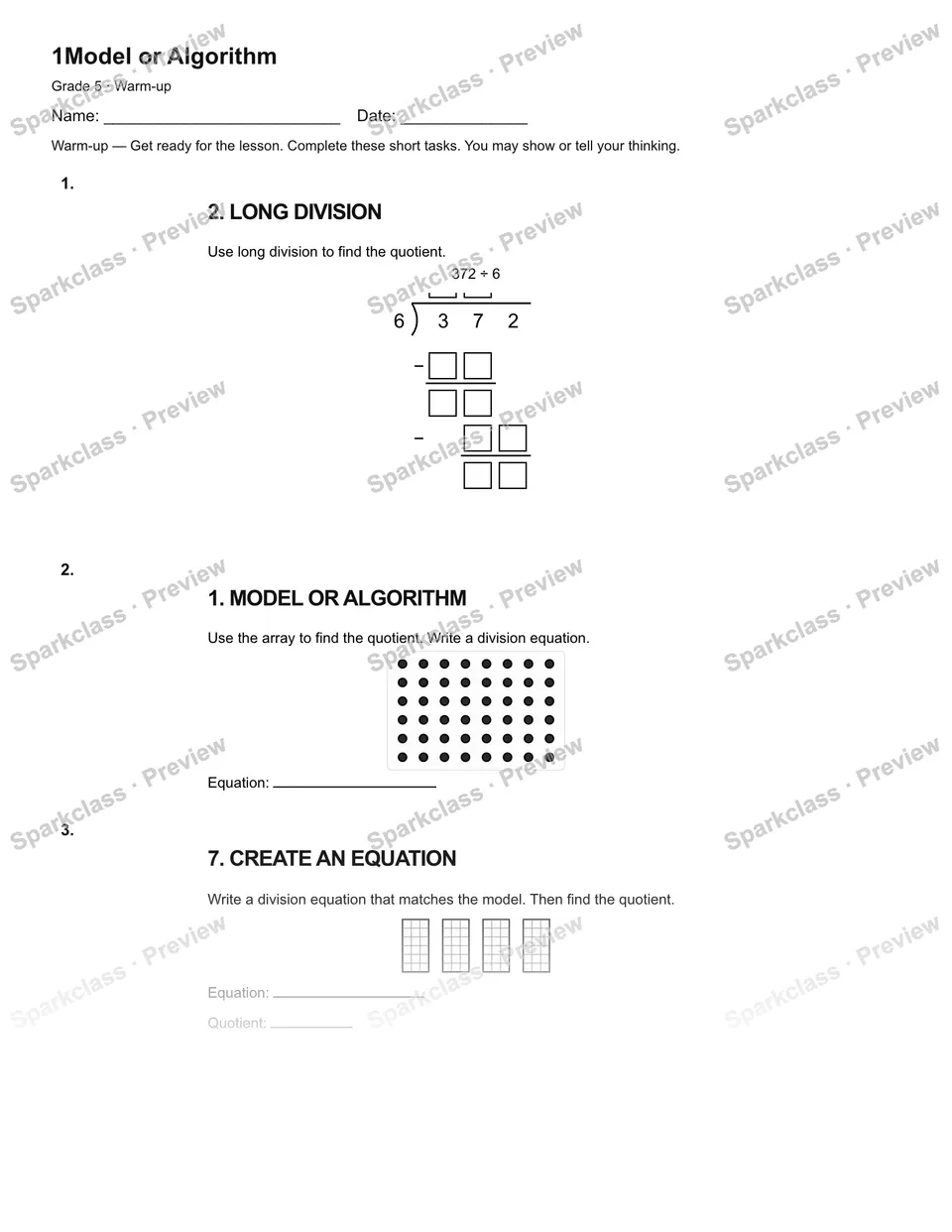 1Model or Algorithm — Warm-up — Grade 5 worksheet preview