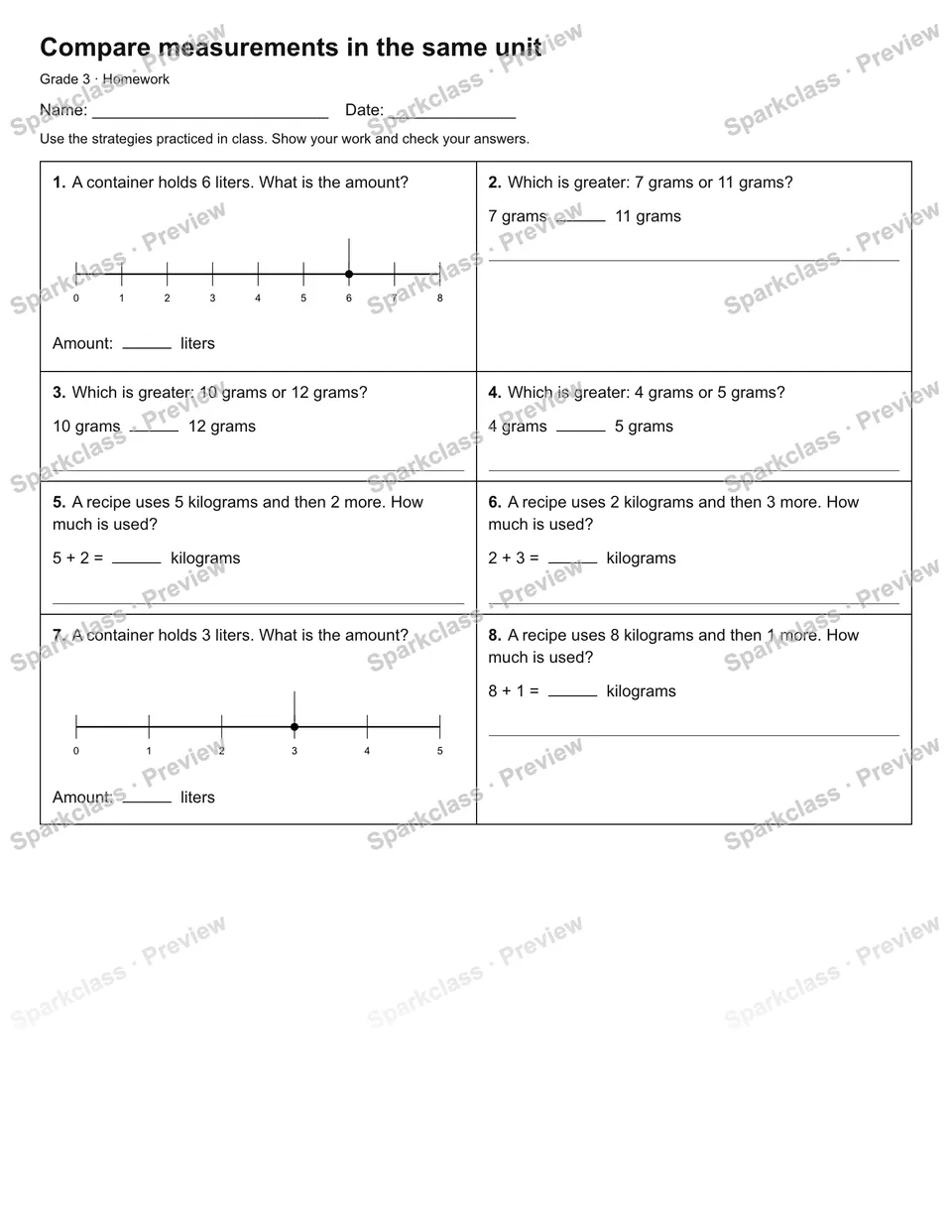 Compare measurements in the same unit — Homework — Grade 3 worksheet preview