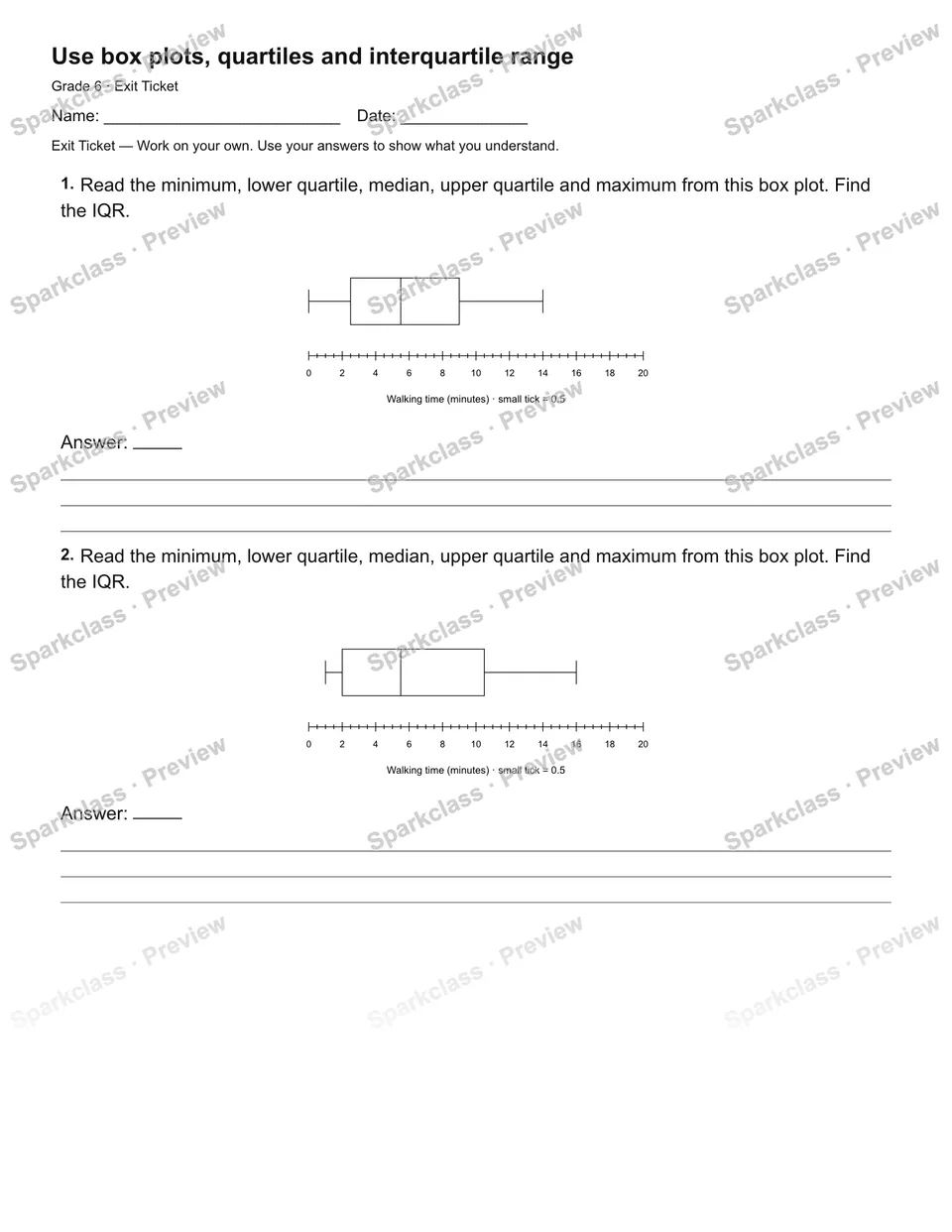 Use box plots, quartiles and interquartile range — Exit Ticket — page 2