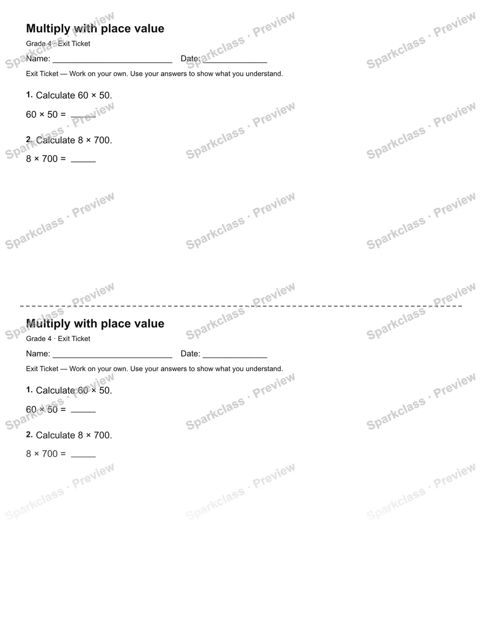 Multiply with place value — Exit Ticket — Grade 4 worksheet preview