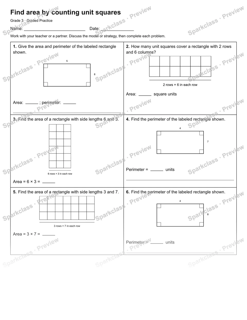 Find area by counting unit squares — Guided Practice — Grade 3 worksheet preview
